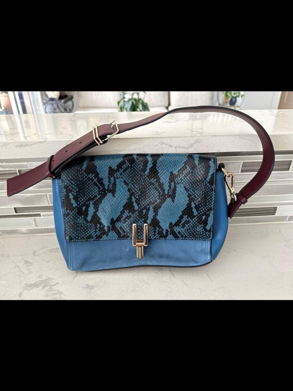 Pour La Victoire Teal Blue Leather & Python Print Crossbody Flap Bag | Gold